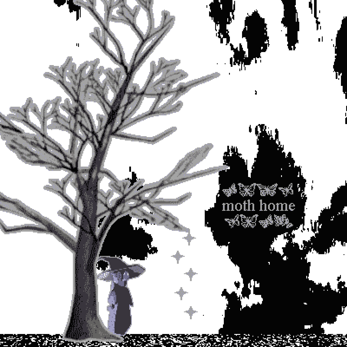 an image of a girl a purple robe and witch hat standing under a leafess tree, on a busy and uneven full black & white bakground . in one of the patches of black , the text 'moth home' , surrounded by butterflies , resides . there are stars falling from one of the tree branches .